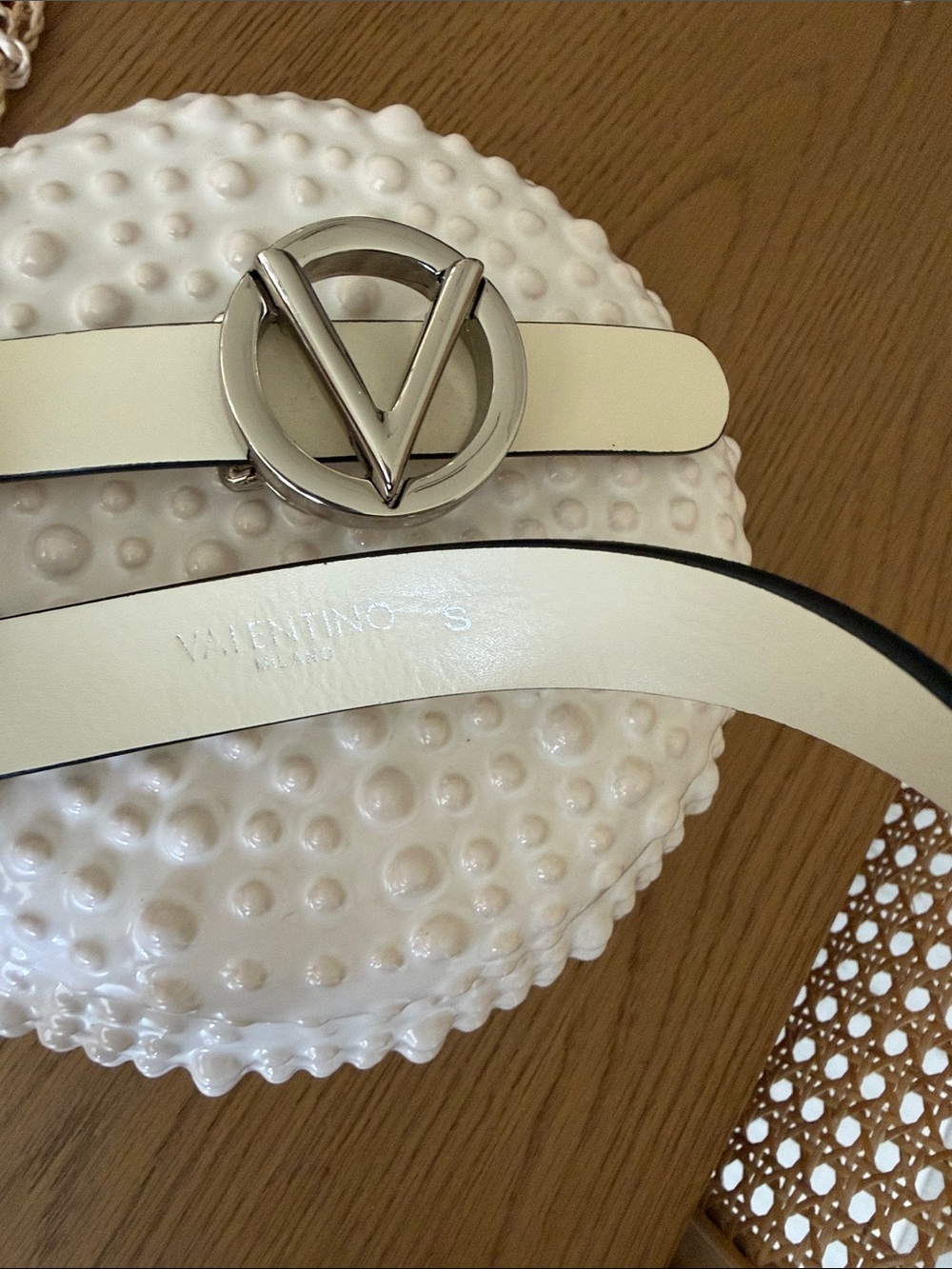 Valentino Cream Leather Belt with Silver V Buckle
